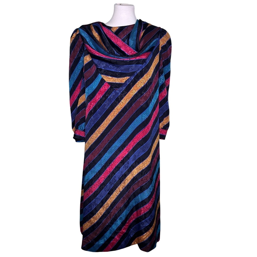 Vintage Leslie Fay Rainbow Stripe Jacquard Cowl Neck Midi Dress 16 Multi Color